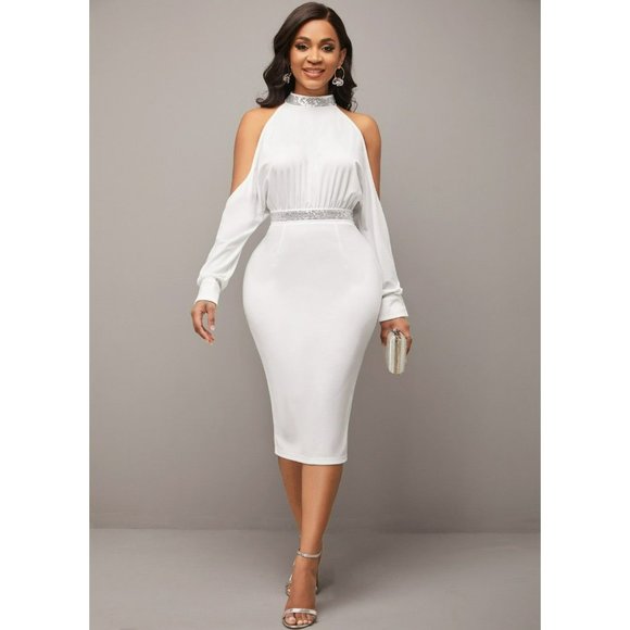 Rotita Dresses 2pc Elegant White Cocktail Set Cold Shoulder Top And